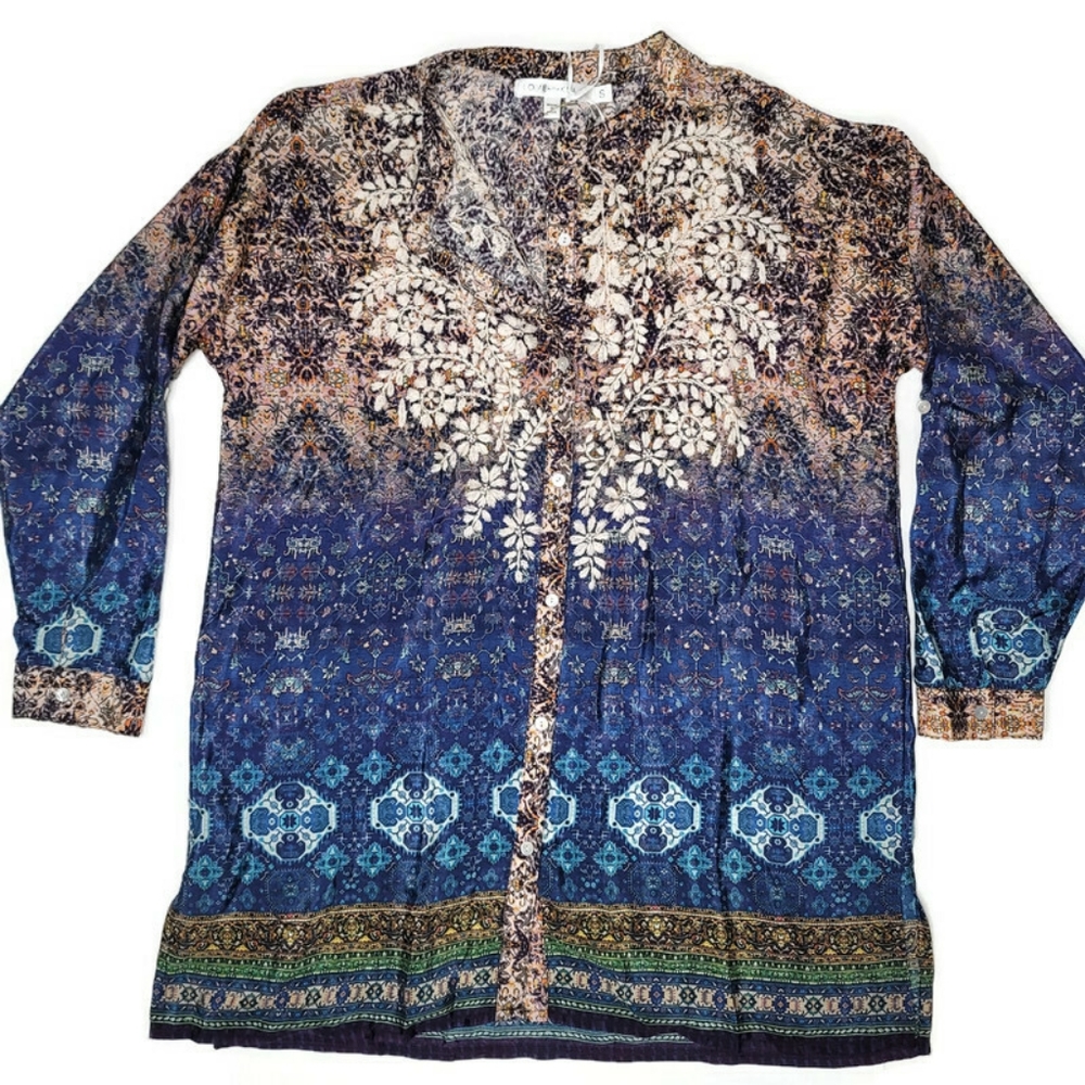 Love Kyla NWT Ivy embroidered poly silk boho blue gold cream tunic top small